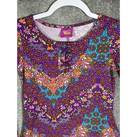 Dreamworks TROLLS Floral Crochet Sharkbite Hem Bell Sleeve Dress Girl Small Soft - Picture 6 of 10